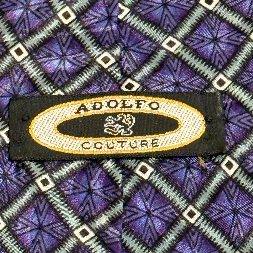 Vintage Adolfo Couture Purple Geometric 100% Silk Necktie Men's Classic Tie - Picture 7 of 9